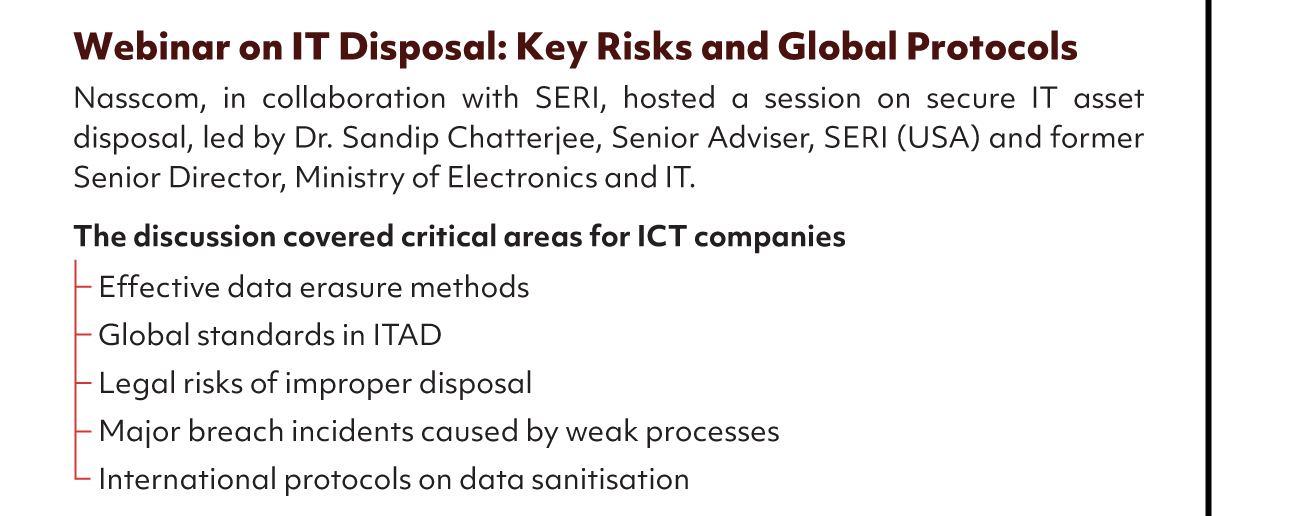 Webinar on IT Disposal: Key Risks and Global Protocols
Nasscom, in collaboration with SERI, hosted a session on secure IT asset
disposal, led by Dr. Sandip Chatterjee, Senior Adviser, SERI (USA) and former
Senior Director, Ministry of Electronics and IT.
The discussion covered critical areas for ICT companies
Effective data erasure methods
Global standards in I TAD
Legal risks of improper disposal
Maior breach incidents caused by weak processes
International protocols on data sanitisation