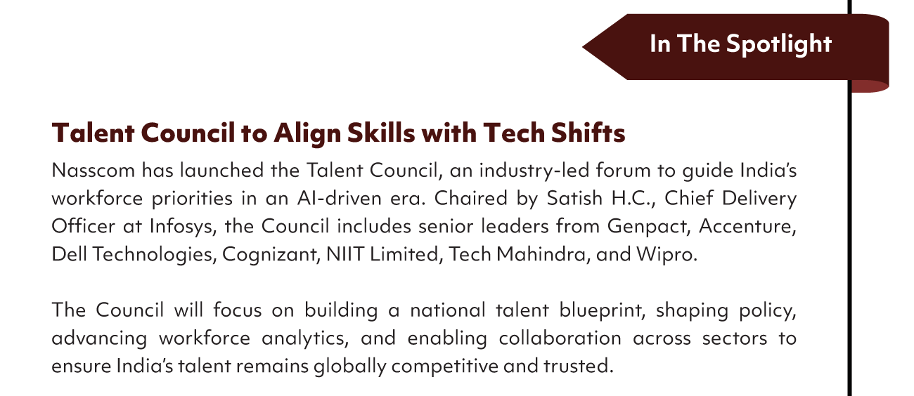 In The Spotlight
Talent Council to Align Skills with Tech Shifts
Nasscom has launched the Talent Council, an industry-led forum to guide India's
workforce priorities in an A1-driven era. Chaired by Satish H.C., Chief Delivery
Officer at Infosys, the Council includes senior leaders from Genpact, Accenture,
Dell Technologies, Cognizant, NIIT Limited, Tech Mahindra, and Wipro.
The Council will focus on building a national talent blueprint, shaping policy,
advancing workforce analytics, and enabling collaboration across sectors to
ensure India's talent remains globally competitive and trusted.