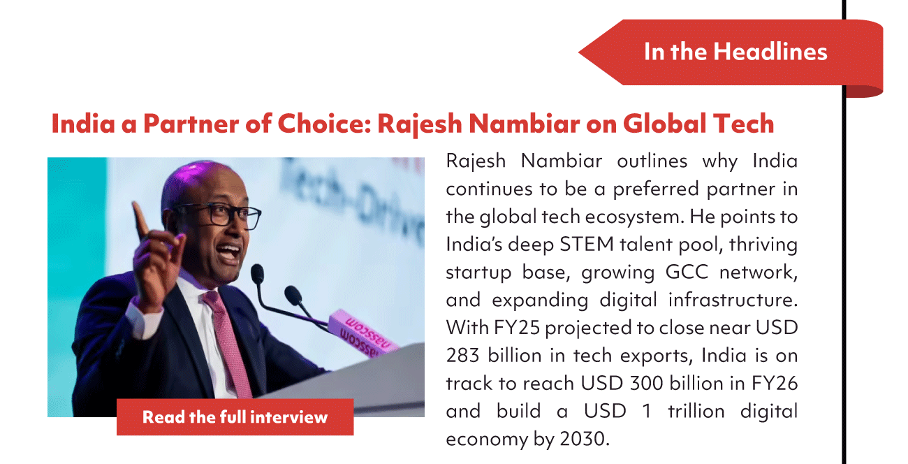 In the Headlines
India a Partner of Choice: Raiesh Nambiar on Global Tech
Rajesh Nambiar outlines why India
continues to be a preferred partner in
Read the full interview
the global tech ecosystem. He points to
India's deep STEM talent pool, thriving
startup base, growing GCC network,
and expanding digital infrastructure.
With FY 25 projected to close near USD
283 billion in tech exports, India is on
track to reach USD 300 billion in FY 26
and build a USD 1 trillion digital
economy by 2030.
