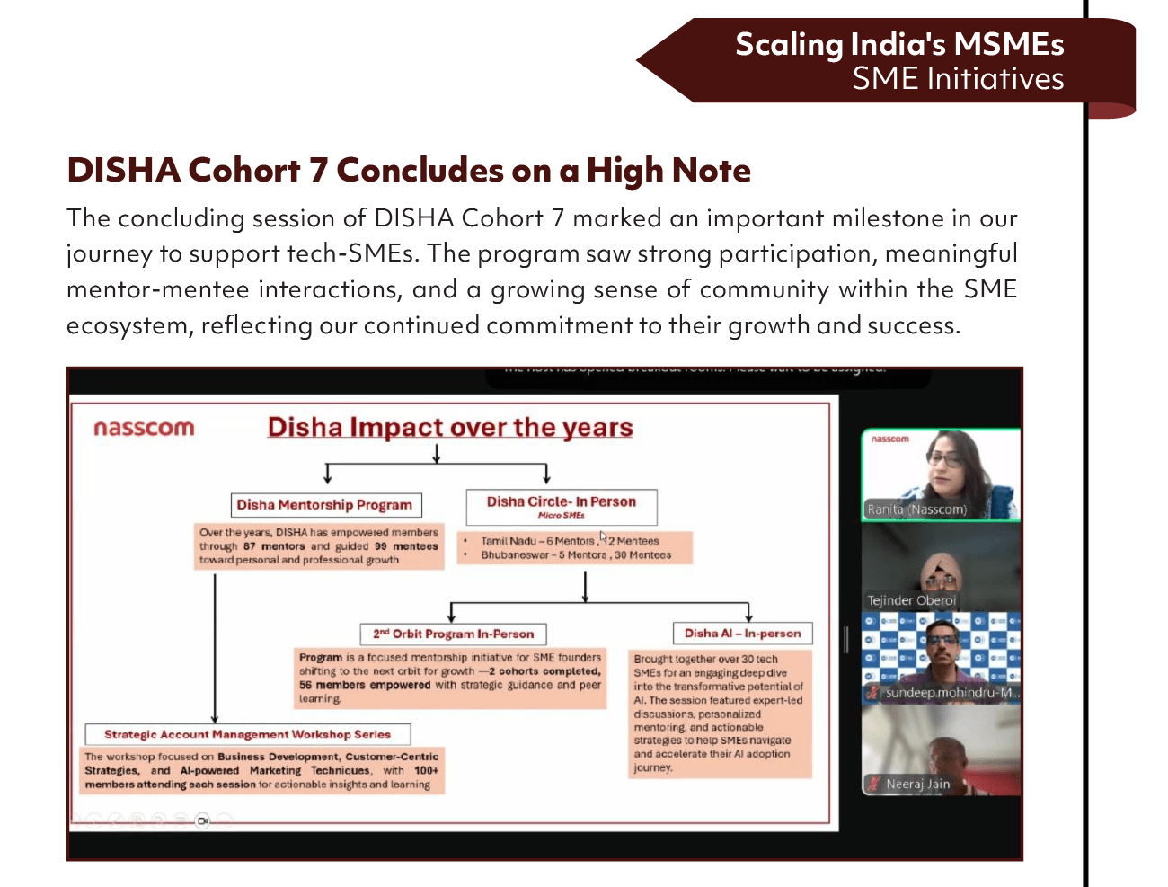 Scaling India's MSMEs
SME Initiatives
DISHA Cohort 7 Concludes on a High Note
The concluding session of DISHA Cohort 7 marked an important milestone in our
journey to support tech-SMEs. The program saw strong participation, meaningful
mentor-mentee interactions, and a growing sense of community within the SME
ecosystem, reflecting our continued commitment to their growth and success.
nasscom
Disha Impact over the years
Disha Mentorship Program
the DISHA h empowered members
tnrough 87 mentors and guided 9S nwntees
toward personal and professional pwth
Disna Circte- In Person
Tamil Nadu —6 Mentors k 2 Mentees
- t•lqntw. , 30 M ent000
ta asscom)
Tejinder Oberoi
2nd Orbit Program In-Person
Pro.ü-n is a focused n%ntorship initiative tor SME toundeö
shimng to the next orbit 'or grmotr —2 oohorts comptotod,
56 members empower